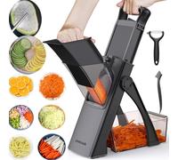 Mandolina Jonscook All-in-1 Aggiornata e Sicura per la Cucina, Tritatutto, Tagliaverdure con Ciotola Più Grande, Affettaverdure con Spessore Regolabile, Mandolina Plus (Blu-Grigio) (Nero)