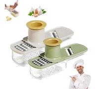 Mandoline Slicer Stainless Steel, Mini Garlic Slicer, Vegetable Cutter with Container, For Easy Slicing and Grinding, Shredding, Ginger & Vegetables (Green+White)