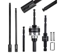 Mandrino per sega a tazza, con 2 adattatori a codolo esagonale (7/16", 3/8") con punta di centraggio HSS, 3 punte di centraggio da 1/4" (HSS M2), 2 estensioni, 2 chiavi bit, 2 molle