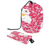 Maneki Neko - Beauty case con coulisse, motivo gatto portafortuna con fiori a forma di barile, trousse da viaggio per trucchi + piccola borsa, Multi, 9.9x6.9in/25.2x17.6cm;6x3.5in/15.2x8.8cm, Beauty