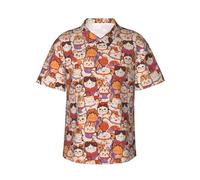 Maneki-Neko Cats - Camicia hawaiana da uomo, a maniche corte, con bottoni, casual, da spiaggia, Nero, S