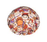 Maneki-Neko - Cuffia per capelli da doccia, con motivo gatti, riutilizzabile, impermeabile, a doppio strato, da donna, con fodera in PEVA e corda elastica