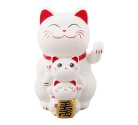 Maneki Neko - Decorazione a energia solare a forma di gatto portafortuna che sventola automaticamente, famiglia di tre persone, decorazione per negozio, ufficio, casa, cassa, base in plastica (bianco)