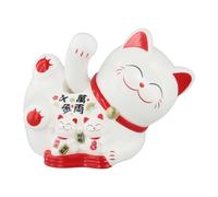 Maneki Neko, gatto portafortuna a energia solare, automatico, senza batteria, decorazione per negozio, ufficio, casa, scrivania, design genitore-figlio con base rossa dura (bianco)