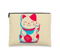 Maneki Neko, graziosa trousse da viaggio in tela con cerniera, in stile retrò, con gatto portafortuna, organizer portatile con cerniera, ottima idea regalo per feste e compleanni, Beige, 7x9 Inch
