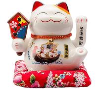 Maneki Neko in Ceramica, Fortuna Gatto Che Saluta Lucky Cat Waving Moving Arm, Statuetta Decorare per l'home Office e Il Negozio, Bianca, 16x14x16cm/6.3x5.5x6.3inch, A