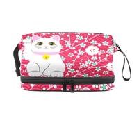 Maneki Neko, trousse a doppio strato con gatto portafortuna e fiori, per donne e ragazze, borsa da viaggio per trucchi e trucchi, pratica borsa organizer con scomparto per pennelli, Multi, 27x15x14