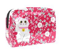 Maneki Neko - Trousse da donna, con gatto portafortuna e fiori, per articoli da toeletta da viaggio, grande, in PVC, con cerniera, Multi, 18.5x7.5x13cm/7.3x3x5.1in, Beauty case