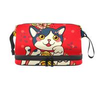 Maneki Neko - Trousse per cosmetici a doppio strato con motivo gatto giapponese, per donne e ragazze, trousse da viaggio per trucchi, pratica borsa organizer con scomparto per pennelli, Multi,