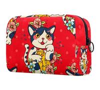 Maneki Neko - Trousse per cosmetici da donna, con gatto giapponese, con fiore, per articoli da toeletta da viaggio, grande, pratica borsa organizer con cerniera, Multi, 18.5x7.5x13cm/7.3x3x5.1in,