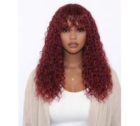 ManeMajesty Parrucca rossa a onde profonde con frangia da 56 cm, senza colla, senza colla, senza pizzo, parrucca con capelli umani ricci fatti a macchina, densità 150%, 100% capelli vergini brasiliani