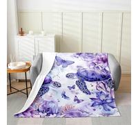 Manfei Coperta in flanella a tema oceano, motivo tartaruga marina, viola, floreale, farfalla, accogliente, per letto, divano, decorazione per la camera di bambini, ragazzi e ragazze, morbida e