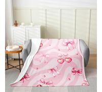 Manfei Coperta in flanella con fiocco rosa, graziosa coperta con fiocchi di ciliegie e cuori, per letto, divano, decorazione per la camera di bambini, ragazzi e ragazze, morbida e traspirante (127 x