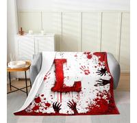 Manfei Coperta in flanella con lettera L rossa con stampa di mani e sangue ad acquerello, a tema Halloween, comoda, per letto, divano, decorazione per la camera di bambini, ragazzi e ragazze, morbida