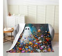 Manfei Coperta in flanella con stampa floreale ad acquerello con fantasma, a tema Halloween, per letto, divano, decorazione per la camera di bambini, ragazzi e ragazze, morbida e traspirante (127 x