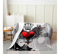 Manfei Coperta in flanella per San Valentino, stile gotico romantico, per adolescenti e adulti, cuore rosso, ali nere, corona, coperta in pile per soggiorno e feste, 60 x 80 cm