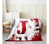 Manfei Coperta in flanella rossa con lettera J, motivo acquerello con stampa di mani e sangue, per Halloween, per letto, divano, decorazione per la camera di bambini, ragazzi e ragazze, morbida e