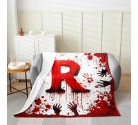 Manfei Coperta in flanella rossa con lettera R, stampa di mani e sangue ad acquerello, a tema Halloween, comoda, per letto, divano, decorazione per la camera di bambini, ragazzi e ragazze, morbida e