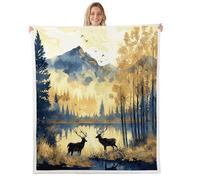 Manfei Coperta in pile con motivo cervo con acquarello, paesaggio naturale, pino e montagna, a tema animale, per letto, divano, decorazione per la camera dei bambini, ragazzi e ragazze, morbida e