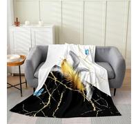 Manfei Coperta in pile di flanella con piume e farfalle, per ragazzi e ragazze, per tutte le stagioni, moderna e astratta, leggera, decorazione per la stanza, 127 x 152 cm, nero e bianco