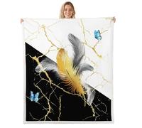 Manfei Coperta in pile di flanella con piume e farfalle, per ragazzi e ragazze, per tutte le stagioni, moderna e astratta, decorazione per camera da letto, 76 x 101 cm, nero e bianco