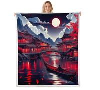 Manfei Coperta in pile in stile giapponese, coperta in peluche per bambini e adolescenti, bella decorazione per la stanza, coperta in flanella con luna e notte, 152,4 x 203,2 cm