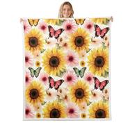 Manfei Coperta rustica con girasoli primaverili e farfalle, coperta in pile con piante da sogno, per letto, divano, decorazione per la camera dei bambini, ragazzi e ragazze, morbida e traspirante (127