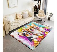 Manfei Corgi, tappeto per interni con cucciolo di cane, tappeto per ingresso per bambini, ragazzi e ragazze, decorazione per la stanza di bambini, graffiti e fiori, antiscivolo, assorbente, 120 x 90