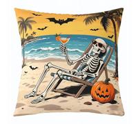 Manfei Federa per cuscino a tema oceano tropicale con scheletro sulla spiaggia, per bambini, ragazzi e ragazze, decorazione per la stanza di Halloween, zucca, pipistrello, per letto, divano, 1