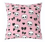 Manfei Federa per cuscino con teschio in stile cartone animato, con fiocchi e cuori, alla moda, per soggiorno, rosa, nero, 45,7 x 45,7 cm