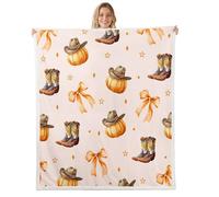 Manfei Graziosa coperta in pile con fiocco e zucca, stile western, con stivali da cowboy, cappelli, a tema autunnale, accogliente, per letto, divano, decorazione per la camera dei bambini, ragazzi e