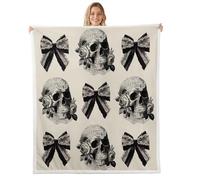 Manfei Graziosa coperta in pile con fiocco gotico e teschio, patchwork, a tema Halloween, per letto, divano, decorazione per la camera dei bambini, ragazzi e ragazze, morbida e traspirante (127 x 152