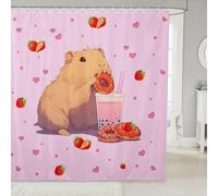 Manfei Graziose tende da doccia con motivo capibara con fragole e ciambelle, tende da bagno impermeabili con stampa a pois e cuori, con 12 ganci, adatte per vasca da bagno, decorazione per la camera