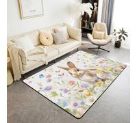 Manfei Grazioso tappeto con coniglio, acquerello, fiori, farfalle, tappetini per interni e ingresso, per bambini, ragazzi e ragazze, decorazione per la camera dei bambini, tappeto a tema pasquale