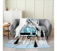 Manfei Happy Camping Coperta in pile di flanella, per ragazzi e ragazze, per tutte le stagioni, rustica, leggera, decorativa, per camera da letto, 76 x 101 cm, blu