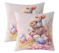 Manfei Happy Easter - Set di 2 federe per cuscini da 40,6 x 40,6 cm, motivo coniglietto pasquale, per divano e divano, con grazioso coniglietto e fiori, colore: rosa