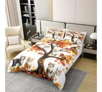 Manfei Hello Fall - Set copripiumino in 100% cotone, per letto matrimoniale, con graziosi gatti e foglie arancioni, 3 pezzi, con copripiumino autunnale e albero d'acero, decorazione per la camera dei