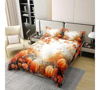 Manfei Hello Fall - Set copripiumino in 100% cotone, per letto matrimoniale, con stampa di zucche, fiori e foglie, set da 3 pezzi, copripiumino a tema autunnale, decorazione per la camera dei bambini