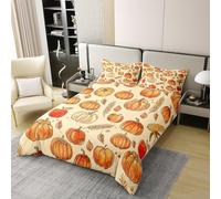 Manfei Hello Fall - Set copripiumino in 100% cotone, per letto singolo, motivo: zucche in stile cartone animato e spighe di grano, 2 pezzi, motivo raccolto autunnale, decorazione per la camera dei