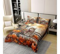 Manfei Hello Fall - Set copripiumino in 100% cotone, per letto super king size, motivo gatto, zucche, foglie d'acero, 3 pezzi, motivo autunnale, decorazione per la camera dei bambini, ragazzi e
