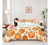 Manfei Hello Fall - Set copripiumino per letto singolo, motivo: zucche in stile cartone animato e spighe di grano, 2 pezzi, motivo raccolto autunnale, decorazione per la camera dei bambini, ragazzi e