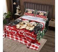 Manfei Merry Christmas - Copriletto per bambini king size, simpatico set di copriletto natalizio con cane e camion, decorazione per la camera di ragazze e ragazzi, copriletto trapuntato con fiocchi di
