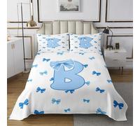 Manfei Set copripiumino con fiocco blu, per letto singolo, con lettera B trapuntata, per la camera dei bambini, copriletto con fiocco monogrammato, set da 2 pezzi con 1 federa per cuscino