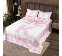 Manfei Set copripiumino con lettera K, per bambini, ragazzi e ragazze, copriletto rosa con fiocco preppy, motivo geometrico a griglia, set di biancheria da letto decorativo, per letto singolo
