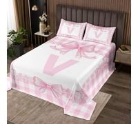 Manfei Set copripiumino con lettera V, per bambini, ragazzi e ragazze, copriletto rosa con fiocco kawaii, motivo geometrico con lettere dell'alfabeto e fiocco, set di biancheria da letto decorativo