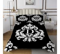 Manfei Set copripiumino con monogramma lettera D, stile vittoriano barocco, super morbido, per letto matrimoniale, motivo floreale damascato, per ragazzi, ragazze e adulti