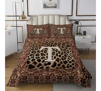 Manfei Set copripiumino con monogramma lettera T con texture in pelle di animale selvatico, super morbido, per letto matrimoniale, stampa leopardata, per ragazzi, ragazze e adulti
