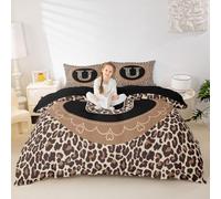 Manfei Set copripiumino con stampa leopardata con lettera U, per letto king size, stampa con ghepardo marrone, 3 pezzi, copripiumino con chiusura a cerniera, decorazione per la camera di bambini