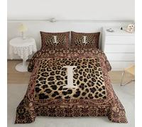 Manfei Set copripiumino con stampa leopardata, per letto king size, con monogramma lettera I verso il basso, decorazione alternativa per camera da letto per adulti, texture della pelle di animali