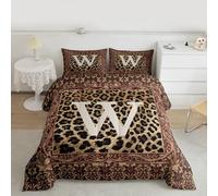 Manfei Set copripiumino con stampa leopardata, per letto matrimoniale, con monogramma lettera W verso il basso, decorazione alternativa per la stanza degli adulti, texture della pelle di animale
